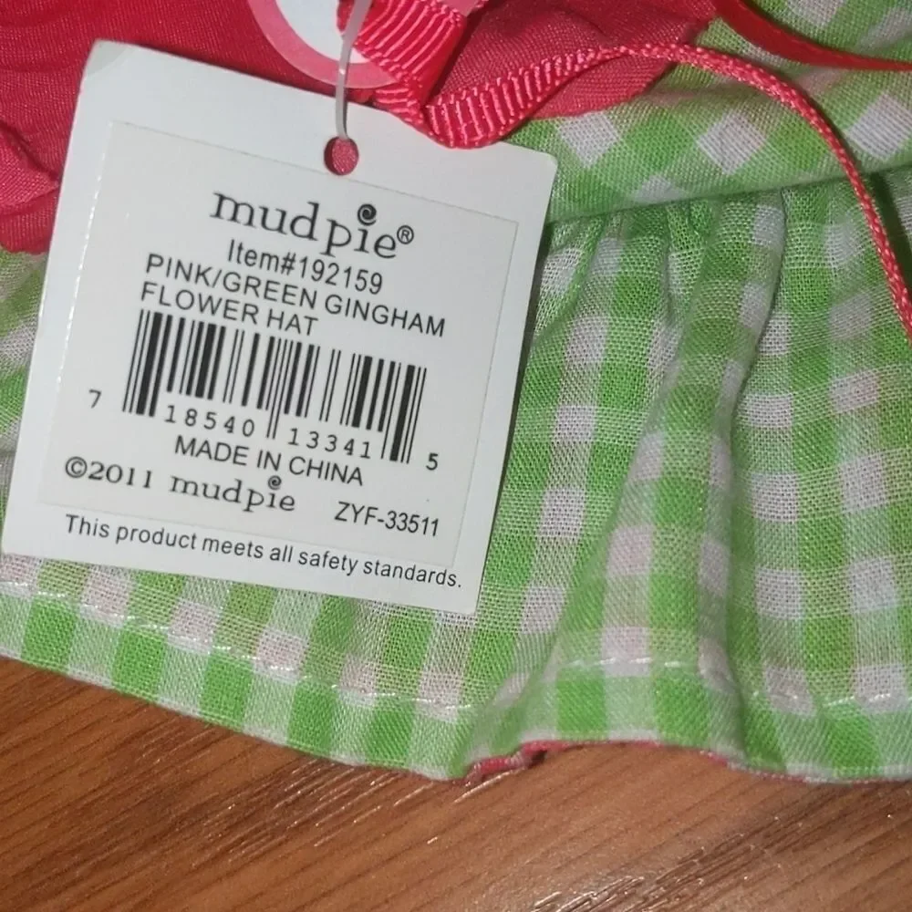 Mudpie pink green gingham flower sun hat Sz 0-12 m NWT